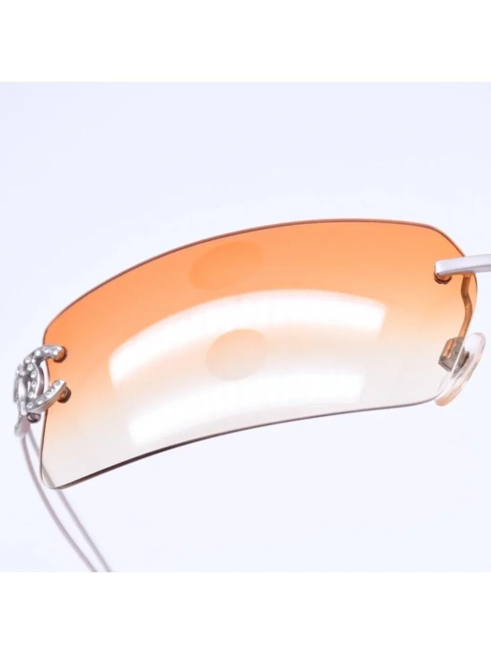 Chanel Rimless Sunglasses Orange Gradient Lens Rhinestone CC Logo Silver Eyewear